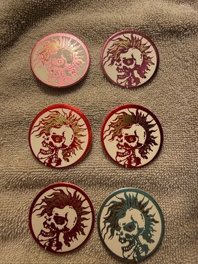Vintage Cardboard POGS Set of 6 Skull Sun Designs in Red, Pink, Purple, Teal